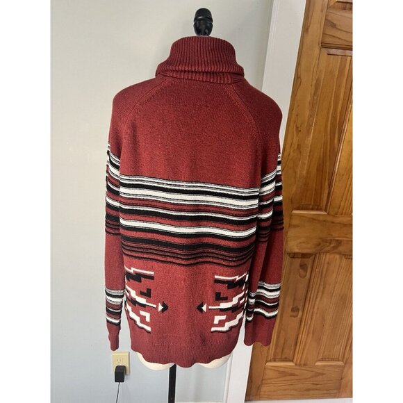 Lucky Brand Women’s Button Up Cardigan LG Cowl Neck Red Black Aztec Western - Picture 2 of 8